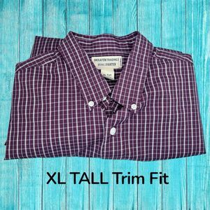 Duluth Trading Shirt Mens XL Tall Maroon  WrinkleFighter Button Down Plaid Trim